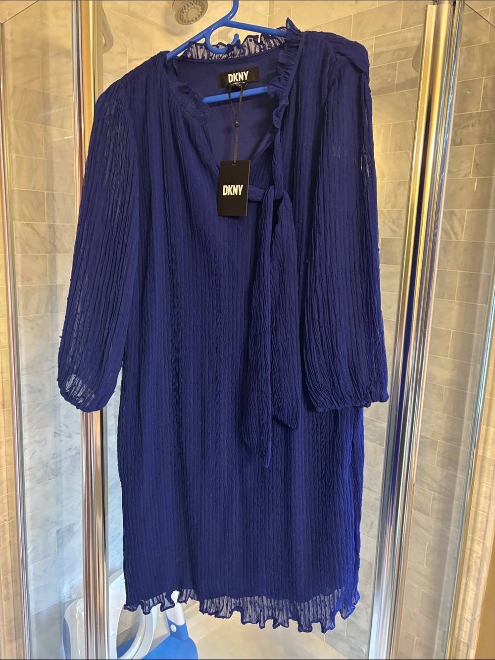 DKNY Cobalt Blue Pleated Tie-Neck Midi Dress